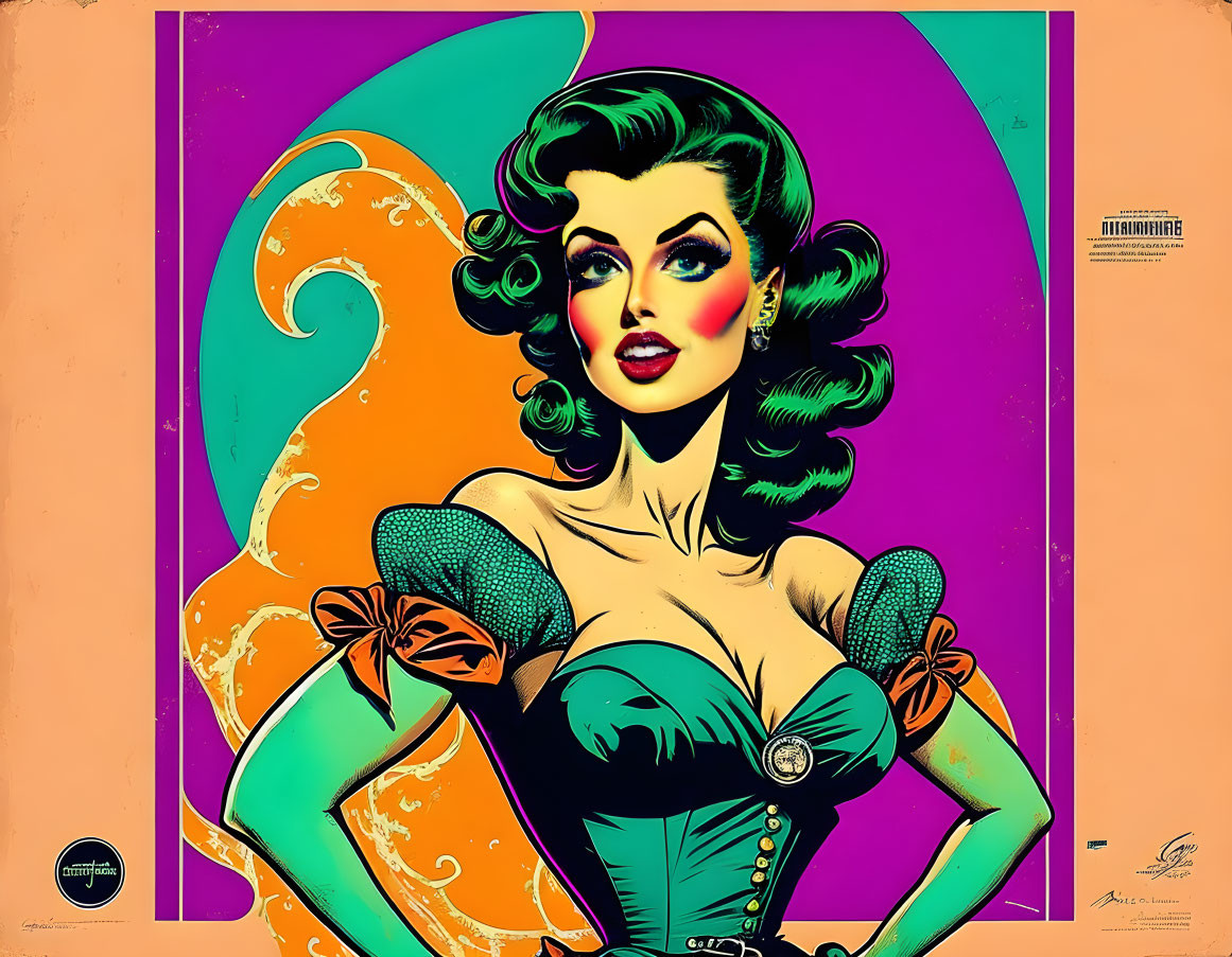 Colorful Pop Art Woman in Retro Corset on Split Pink and Green Background