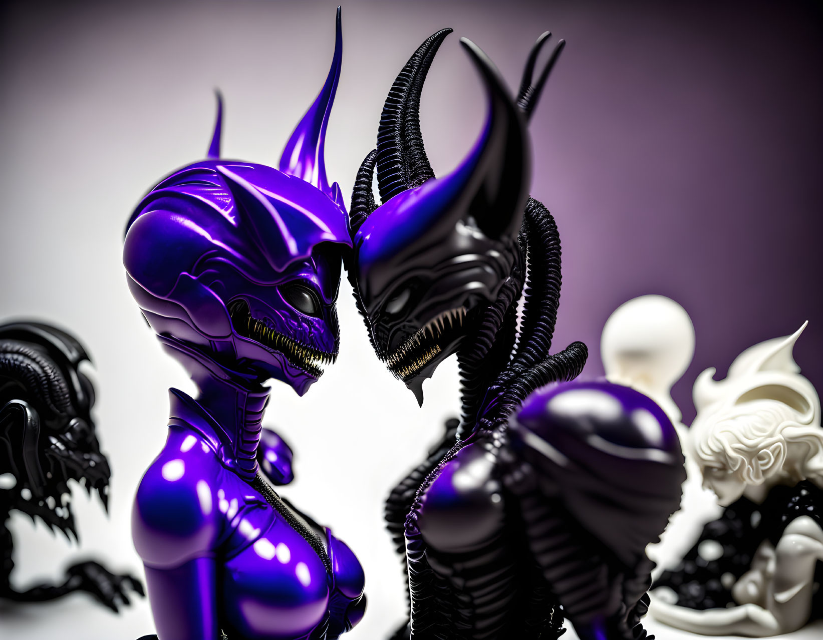 Detailed Purple and Black Alien Figurines Facing Each Other in Front of Blurred Background