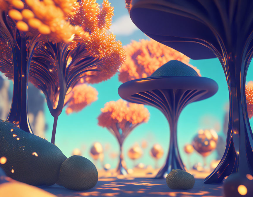 Stylized surreal landscape with luminescent trees and mushrooms under a soft blue sky