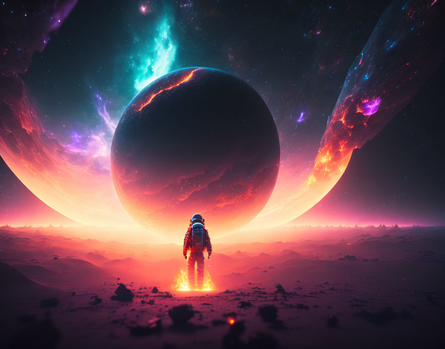 Astronaut exploring alien landscape with large planet and colorful nebulae in sky