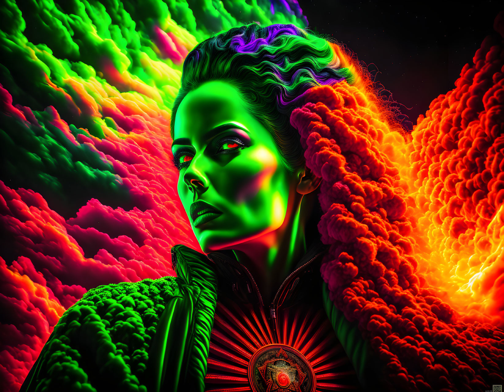 Vibrant neon green lit surreal portrait against psychedelic cloud background