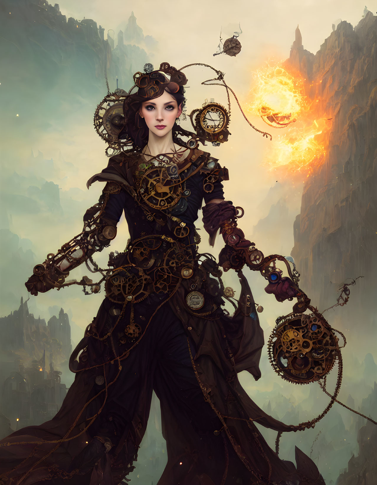 Regal woman in steampunk attire with glowing mechanical device in fantastical cityscape