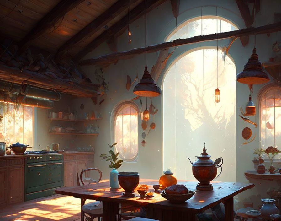 Sunlit kitchen with rustic decor and copper pots under arched windows