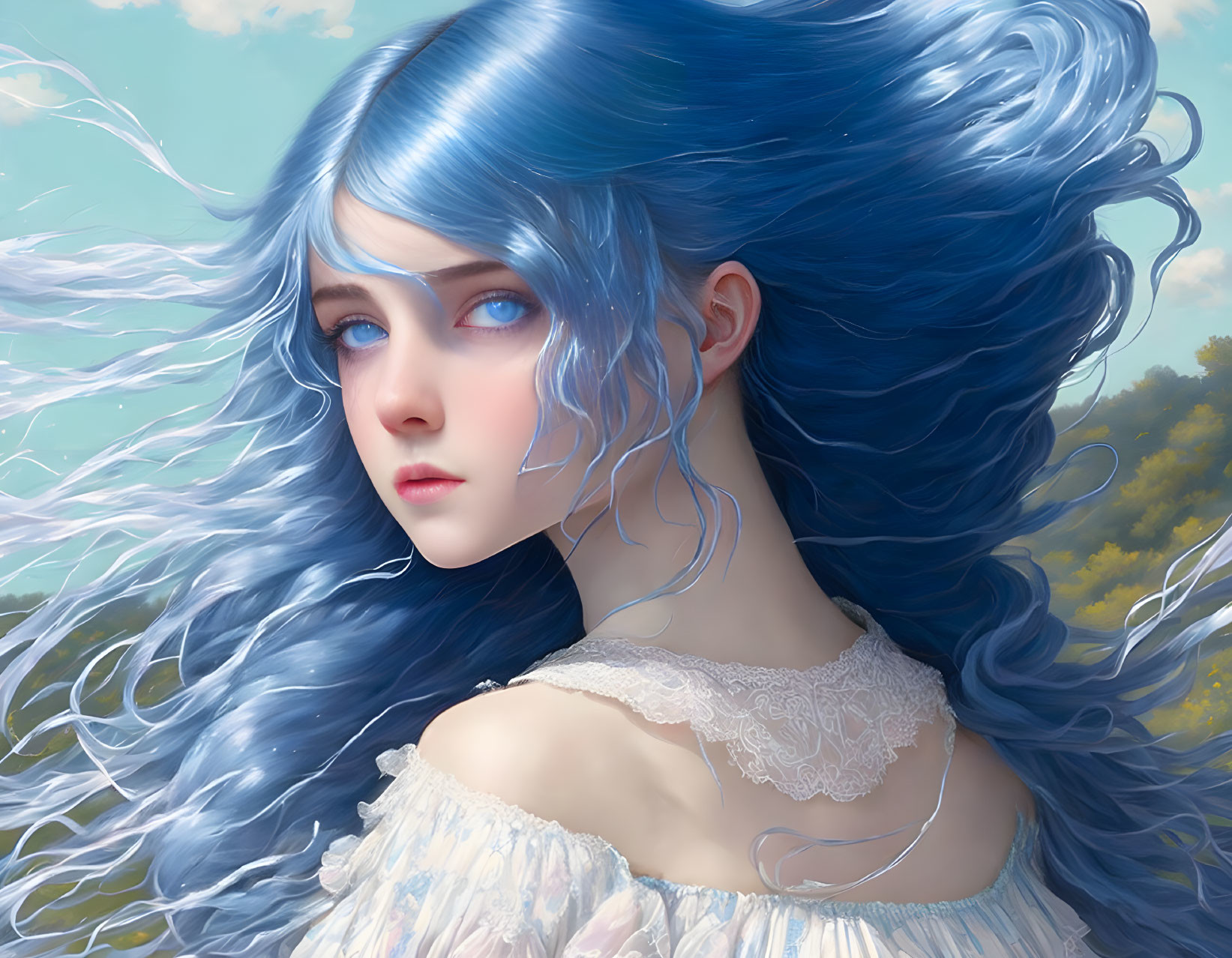 Illustration of person with long blue hair in white lace dress against cloudy sky