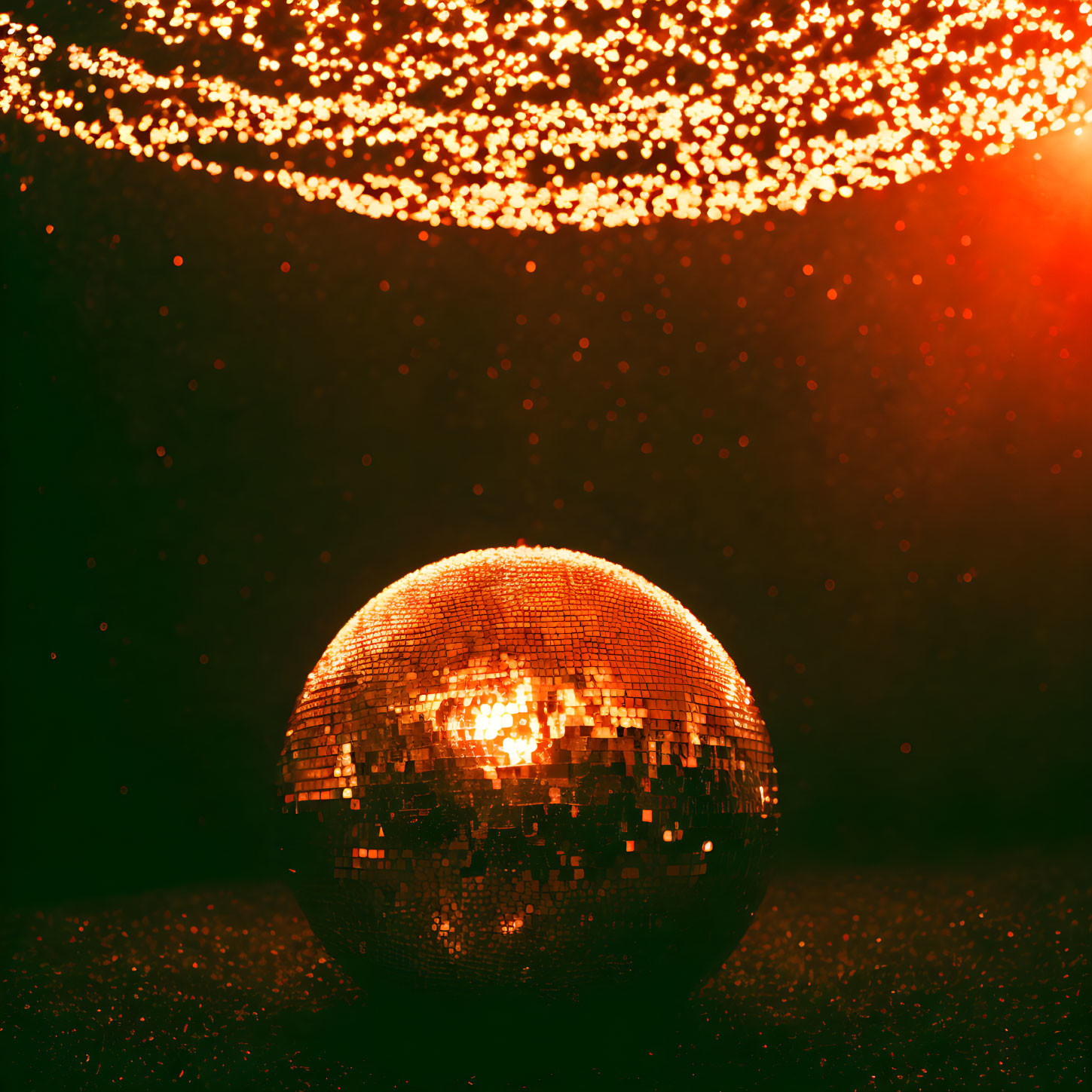 Shimmering disco ball under bokeh effect light creates warm, festive atmosphere