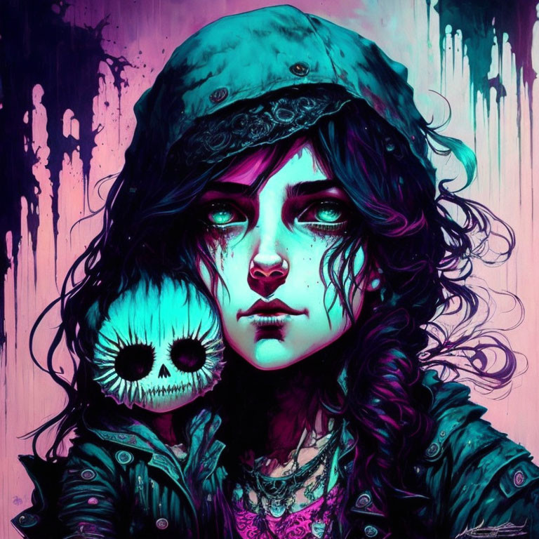 Stylized girl with green eyes holding a skull on pink and purple background