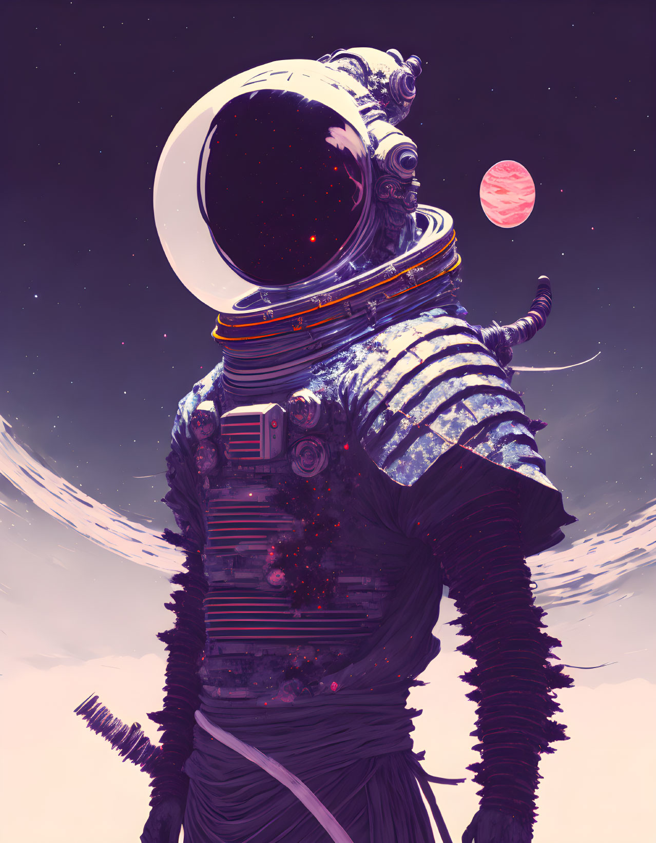 Astronaut in reflective helmet and detailed suit against purple sky