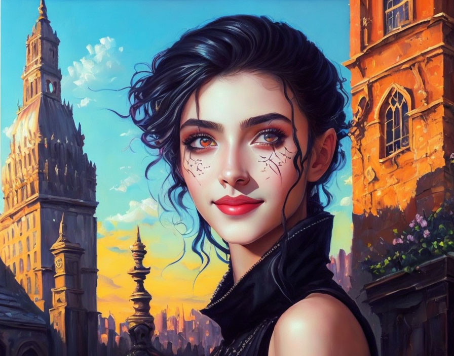 Digital artwork of young woman with black hair and red eyes in stylized European cityscape