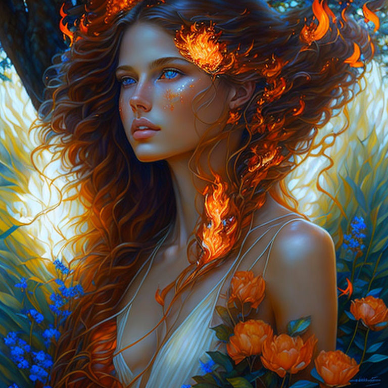 Vibrant portrait of woman with fiery orange hair and mystical aura