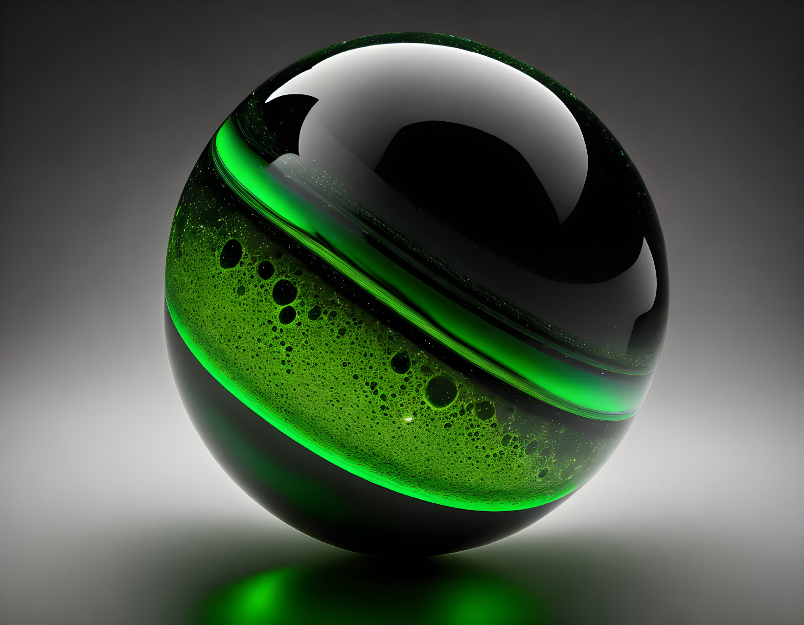 Abstract 3D-rendered sphere with black and green layers and bubble-like details