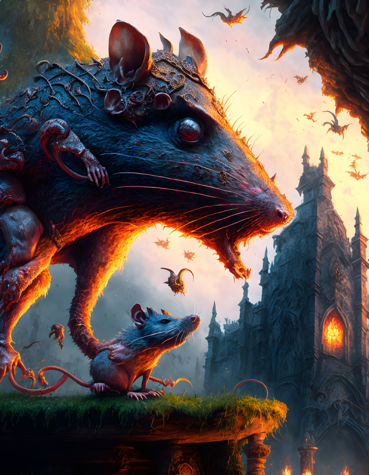 Giant rat in gothic landscape with smaller rat, bats, and cathedral.