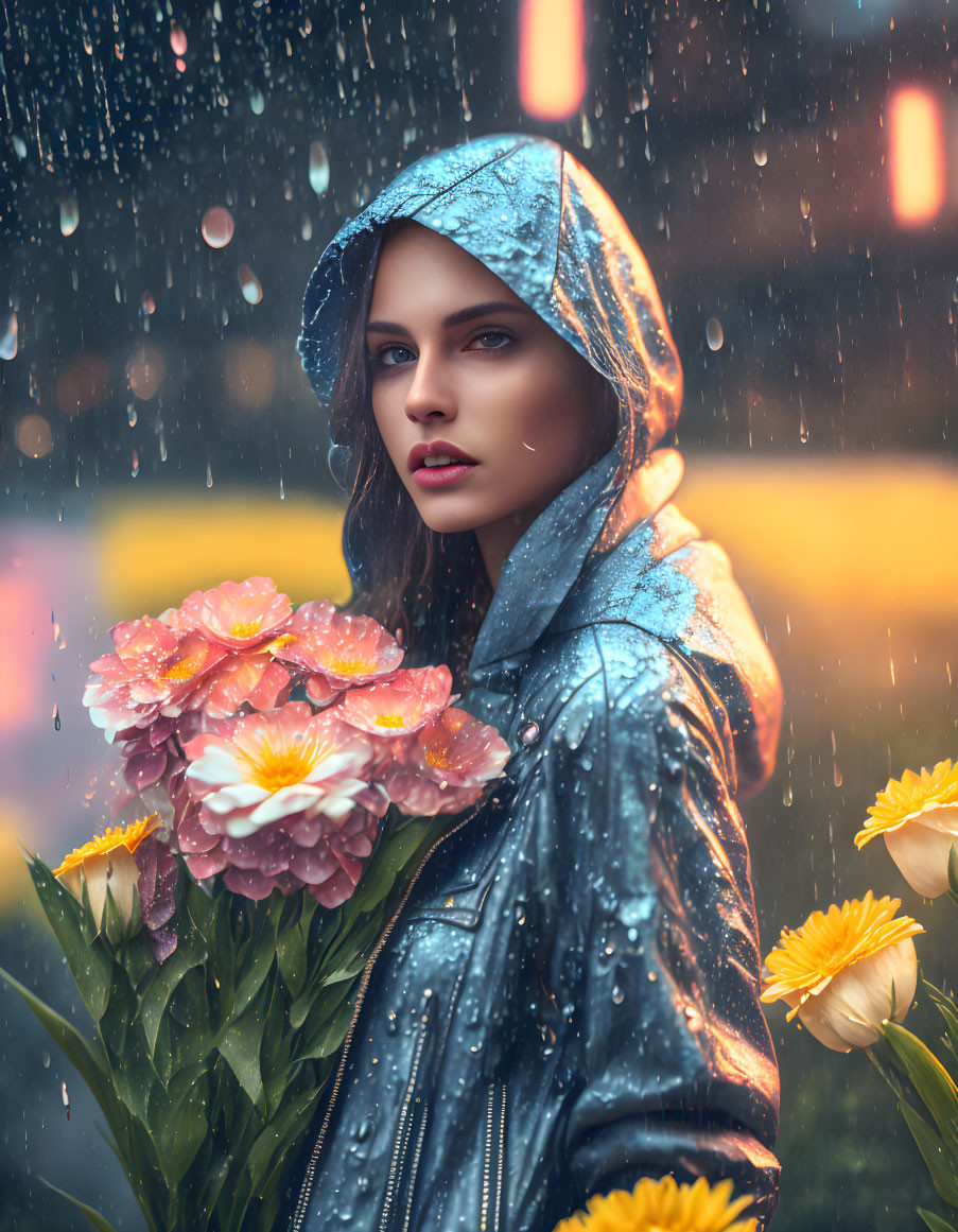 Woman in Blue Hooded Jacket Holding Pink Flowers in Rainy Ambiance