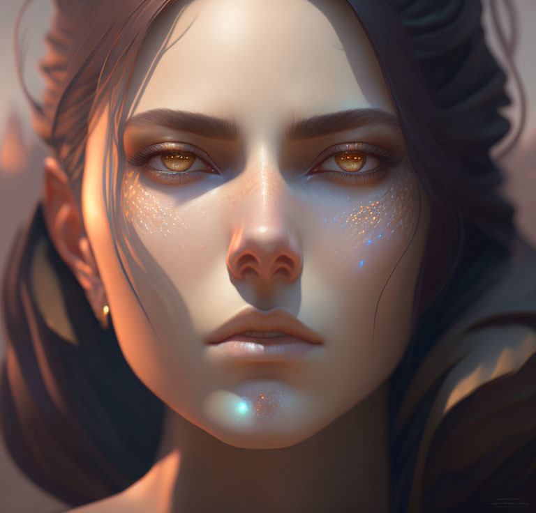 Detailed portrait of woman with glowing speckles, amber eyes, and dark hair.