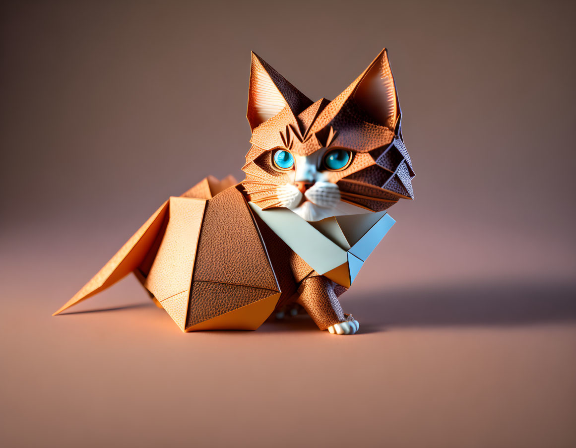 Origami-style cat digital artwork with textured geometric body and blue eyes