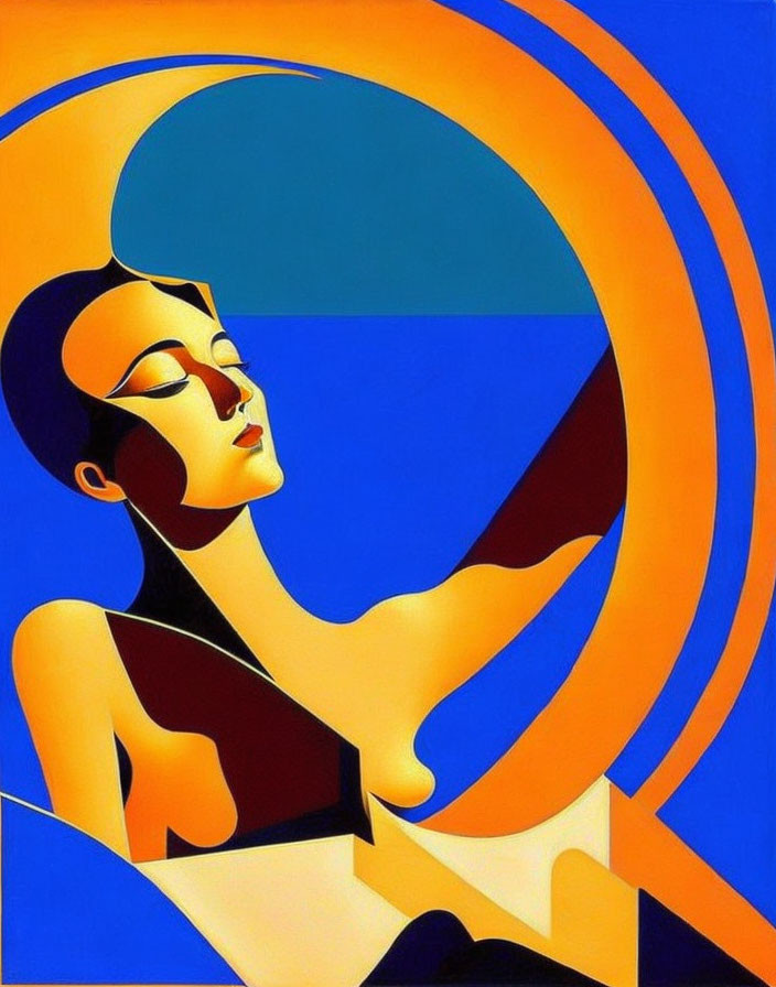 Stylized woman with closed eyes in orange and blue curves on blue backdrop