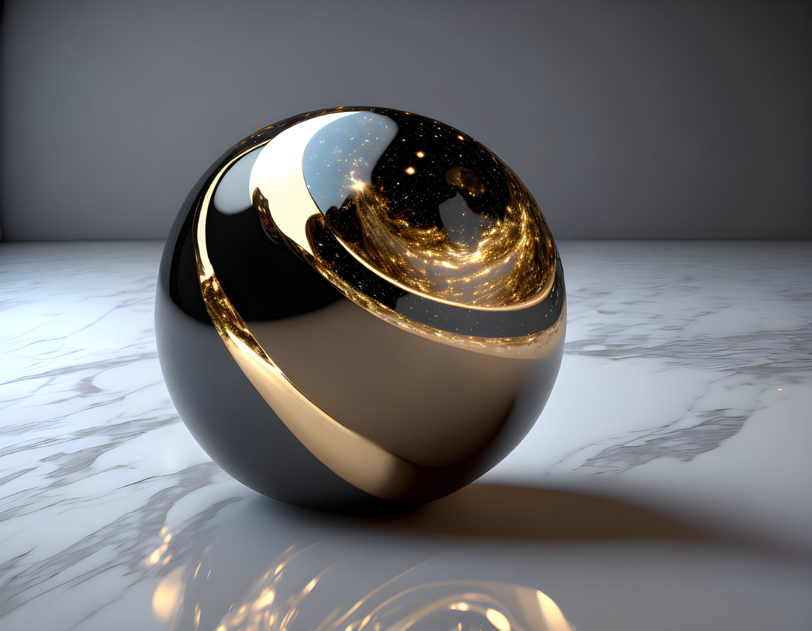 Reflective Swirling Gold and Black Sphere on Marble Surface