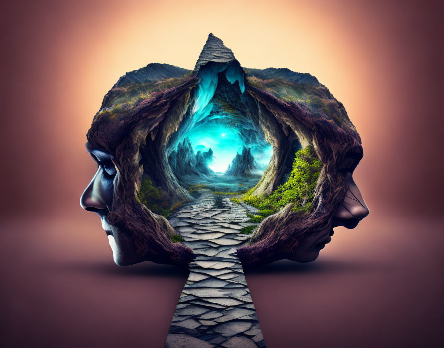 Surreal artwork: mirrored profile views of a person's head forming cave entrance with mystical pathway and