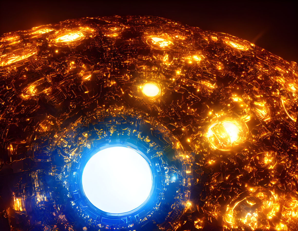 Intricate glowing spherical structure with bright lights on dark background