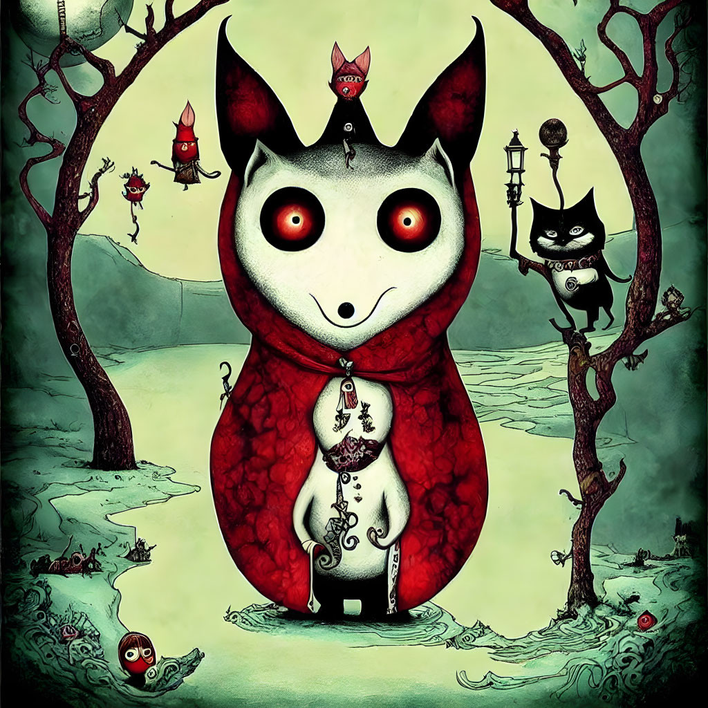 Fantasy woodland scene with creature, cat, and tiny red beings