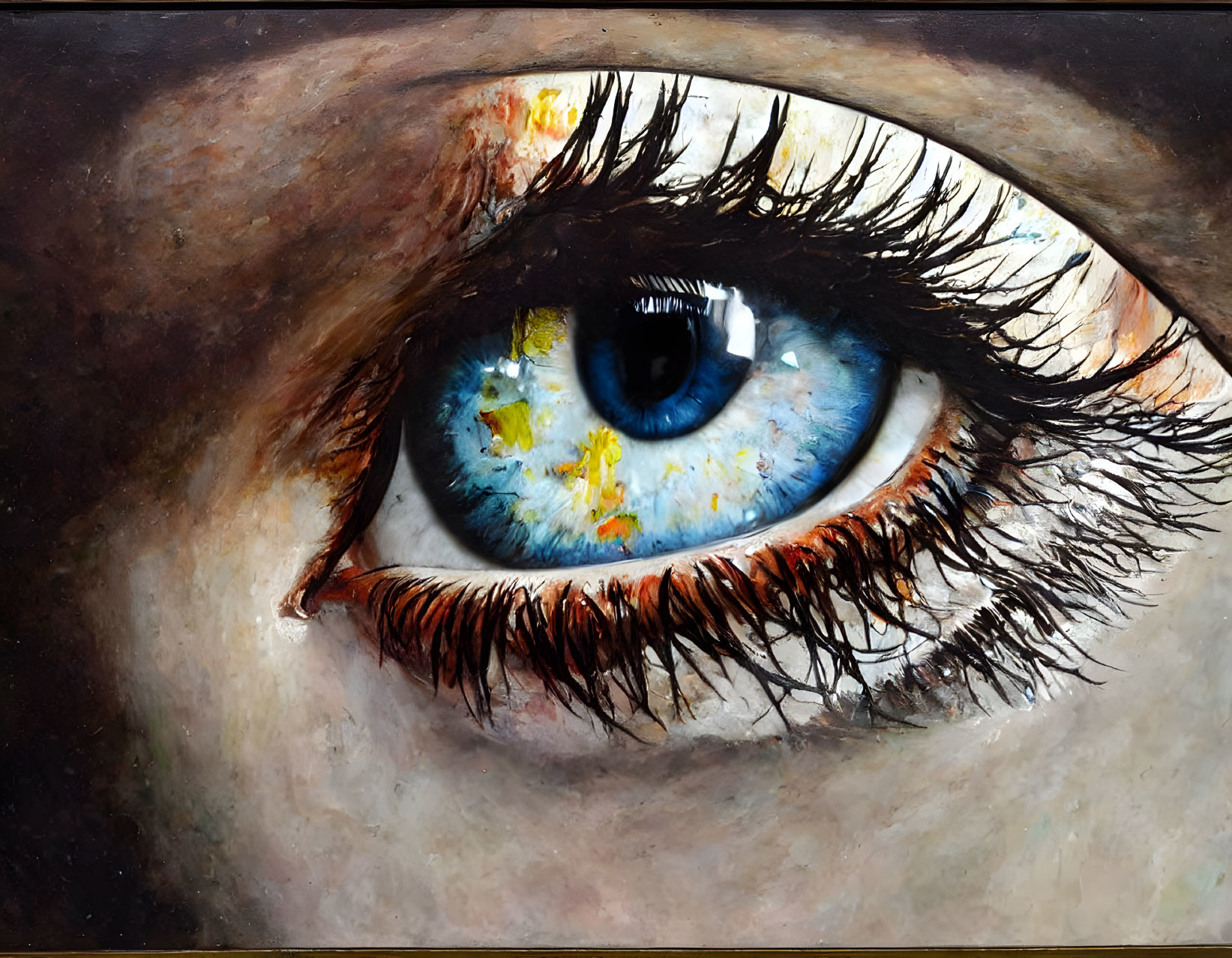 Detailed Blue Eye Painting with Yellow Specks on Dark Background