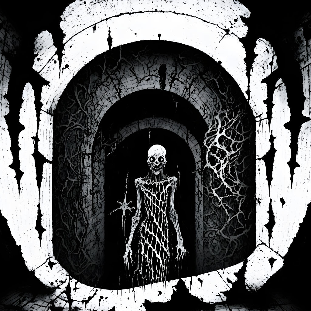 Monochrome skeletal figure in cobweb archway with vines and eerie eyes