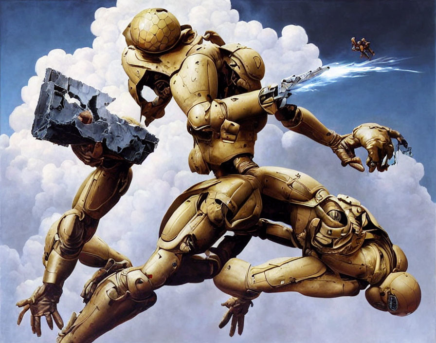 Multiple Gold-Armored Robots in Dynamic Action Poses