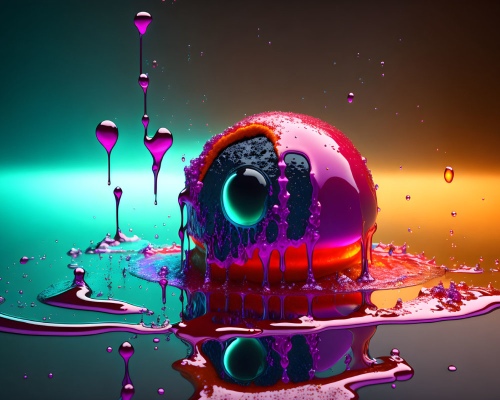 Colorful 3D-rendered melting skull with large eye in liquid splash backdrop