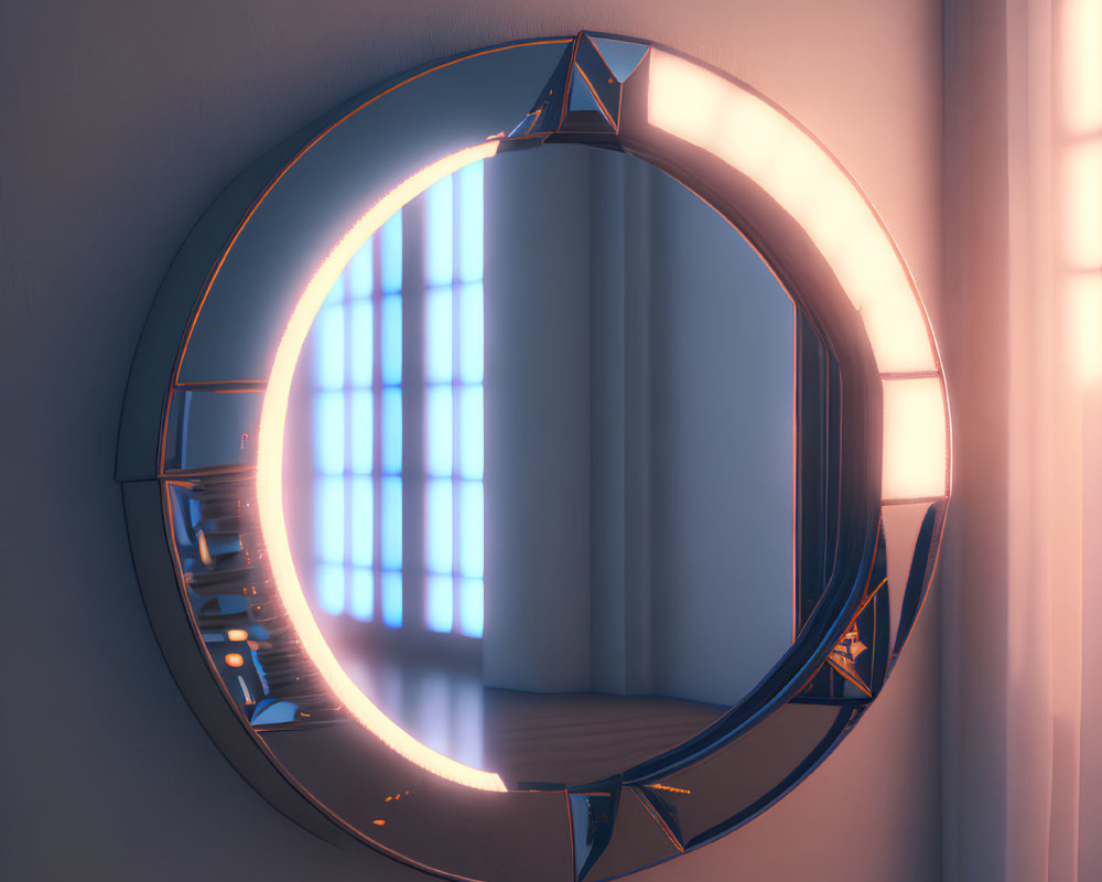 Circular mirror with neon light strip reflecting window and wall in modern room