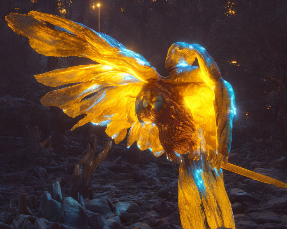 Golden Owl Glowing in Mystical Forest at Night