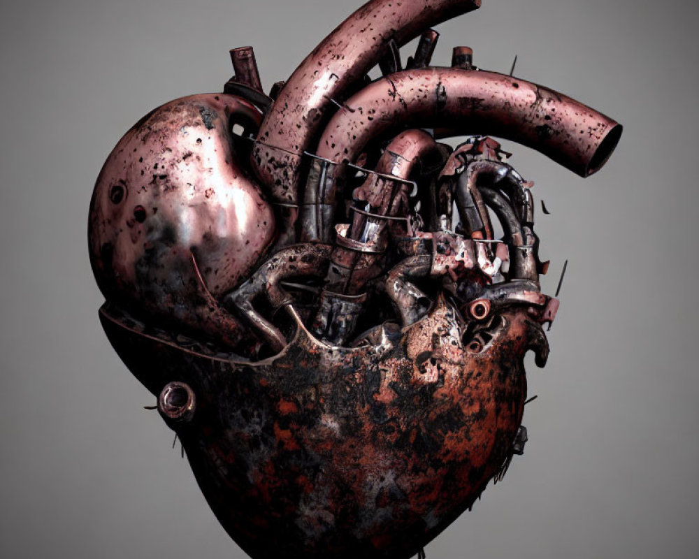 Mechanical heart with metallic textures and rust in 3D render