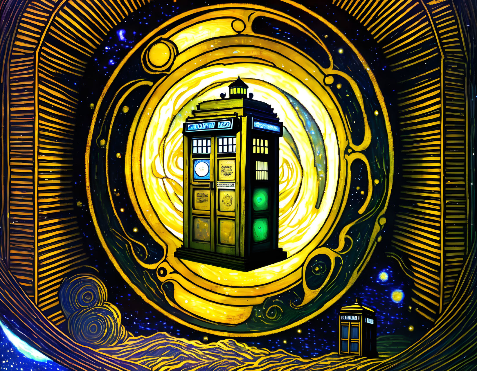 Blue police box styled like TARDIS in Van Gogh-inspired setting