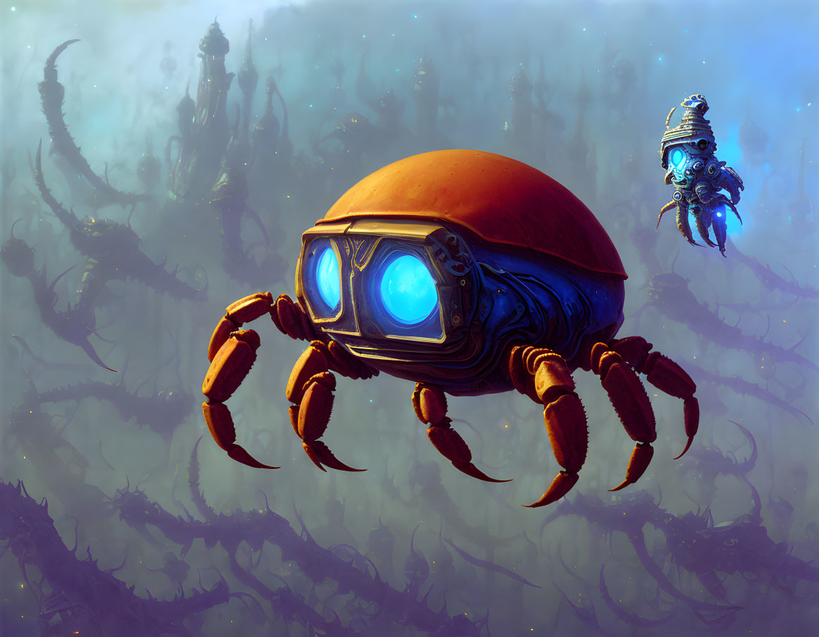 Robotic crab-like creature with blue glowing eyes and astronaut in alien ruins