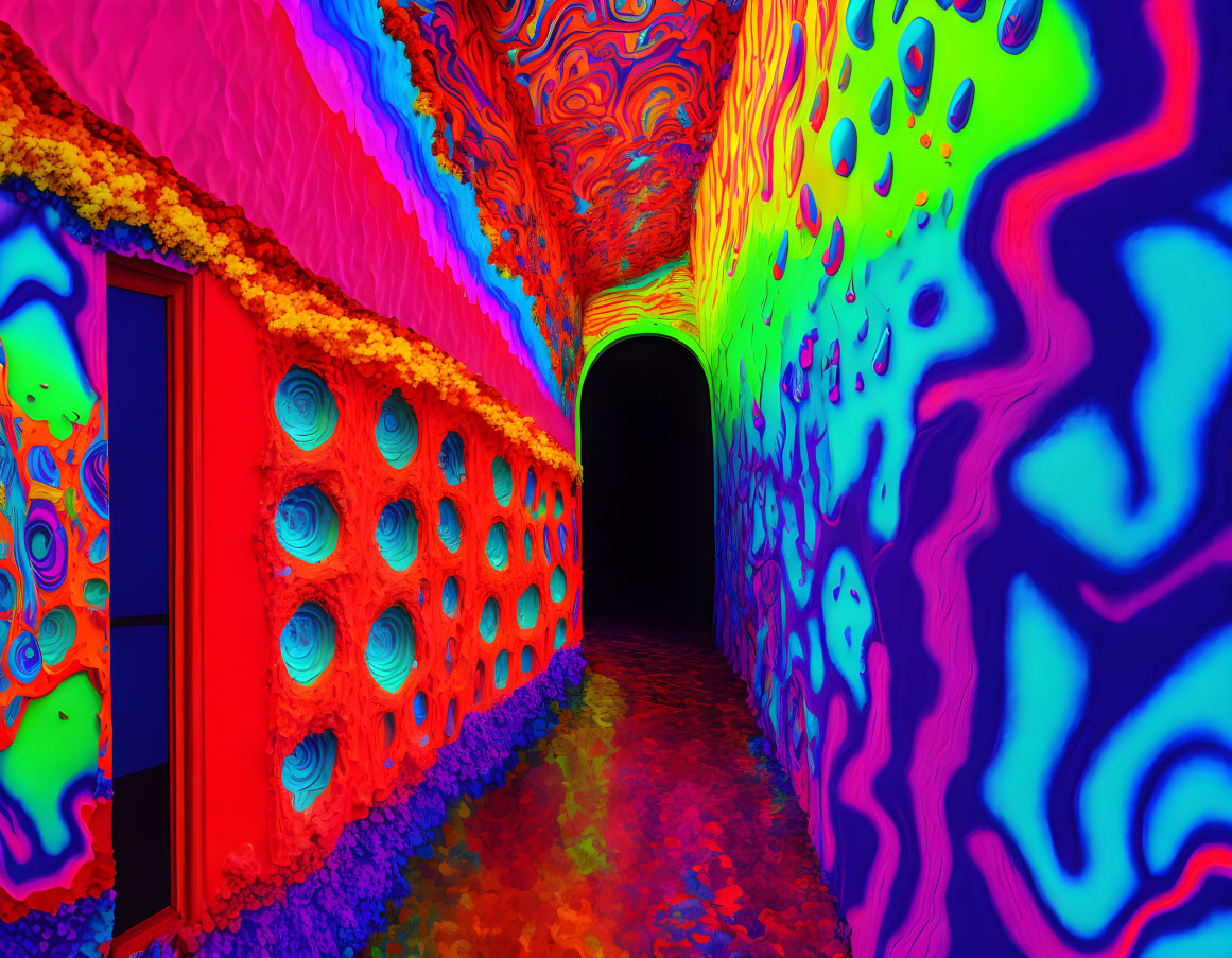 Vibrant Psychedelic Corridor with Swirling Patterns and Dark Archway