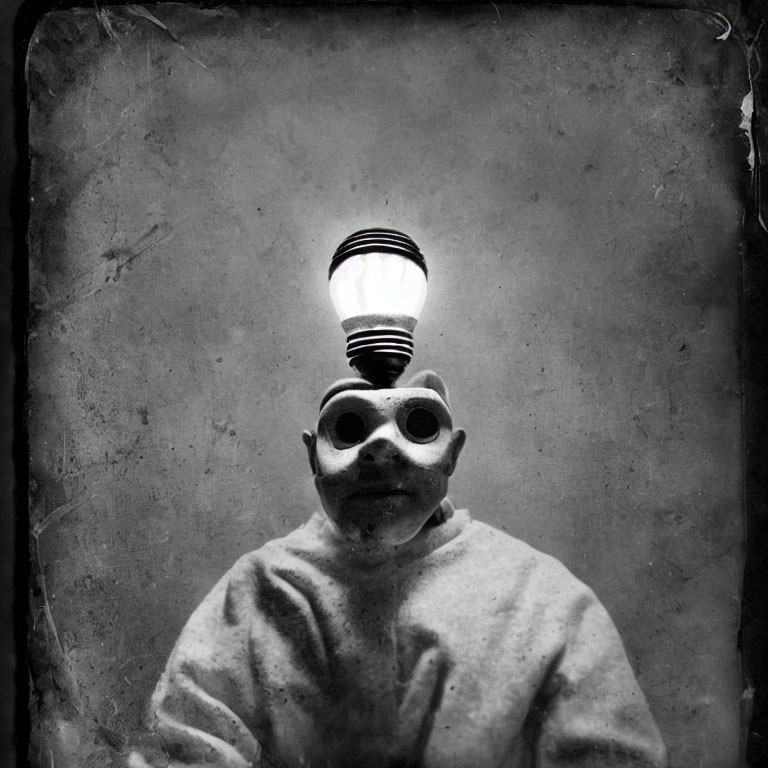 Monochrome photo of person with goggles and bulb, vintage backdrop