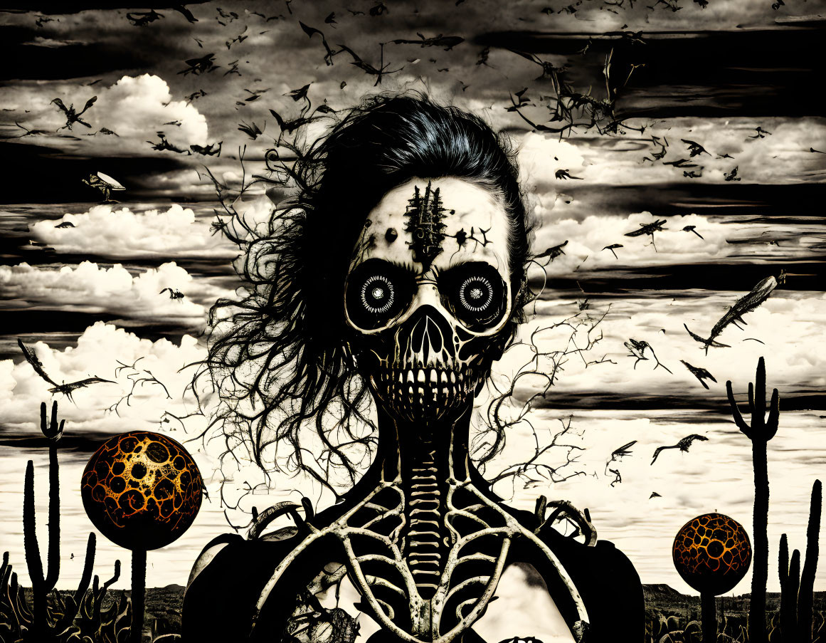 Skeletal figure with dark eye sockets in surreal stormy sky