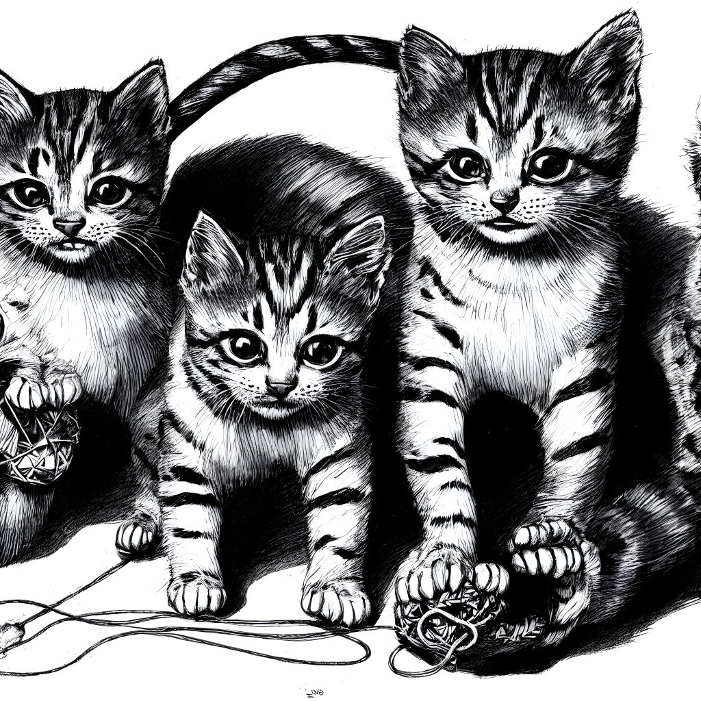 Three striped pattern kittens sketches with yarn balls, one curious.