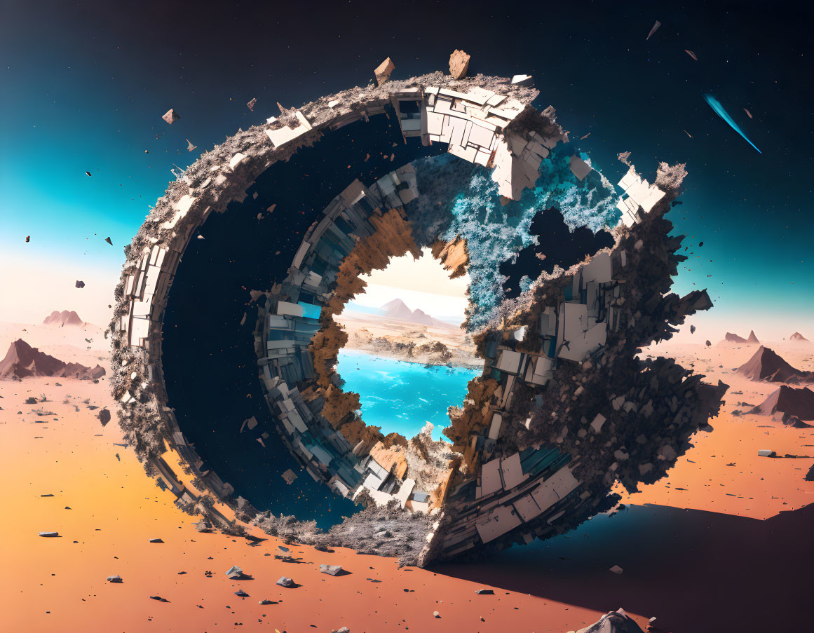 Surreal circular structure blends urban and ocean landscapes in dreamlike setting