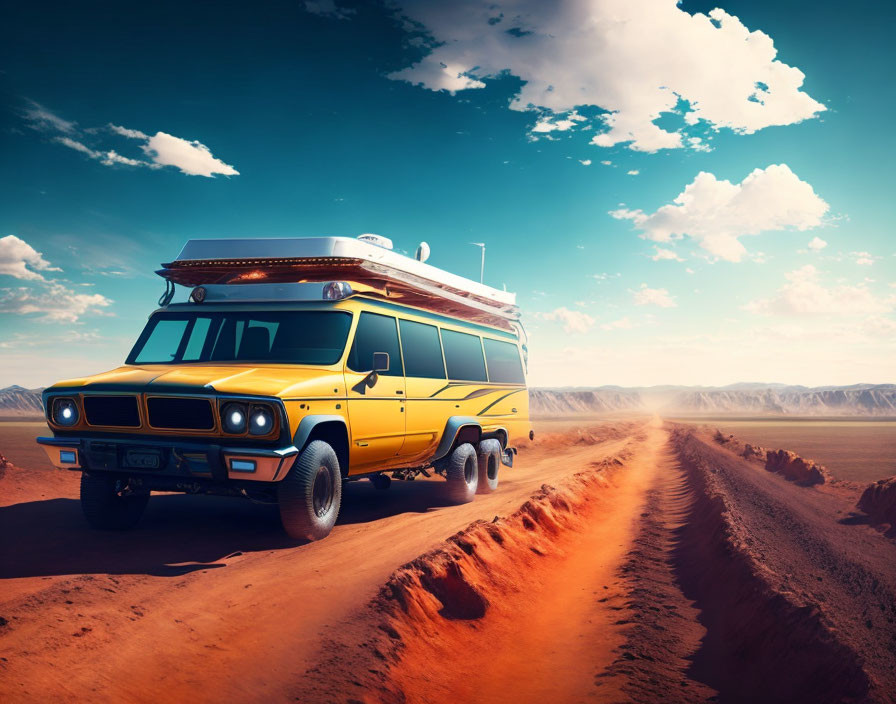 Vintage Yellow 4x4 Van with Roof Rack in Desert Trail