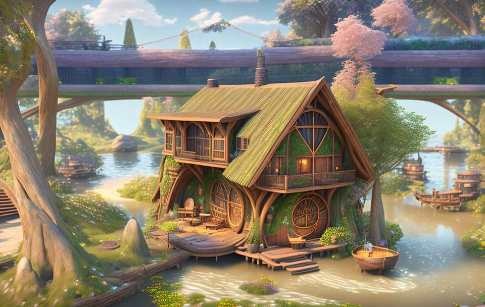 Tranquil digital artwork: wooden house by river & lush greenery