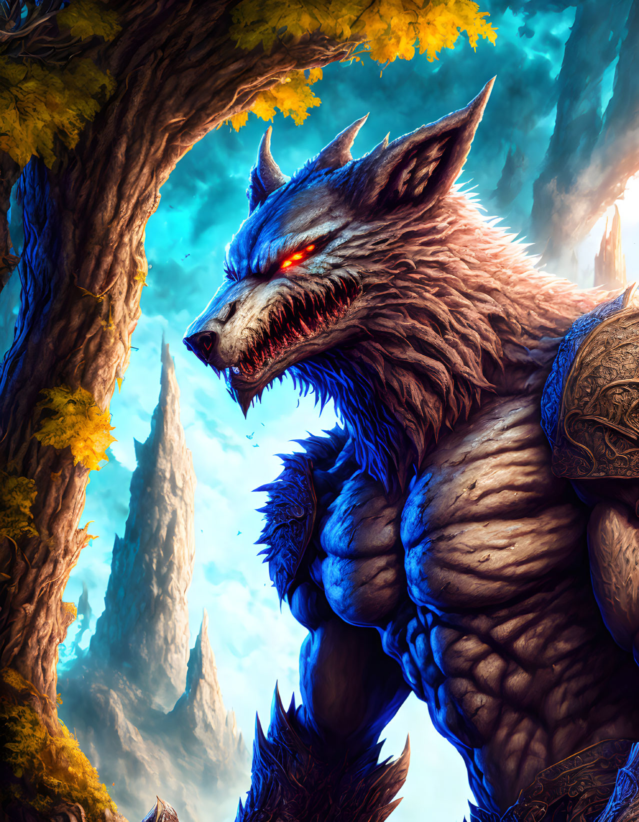 Glowing red-eyed werewolf in forest under blue sky