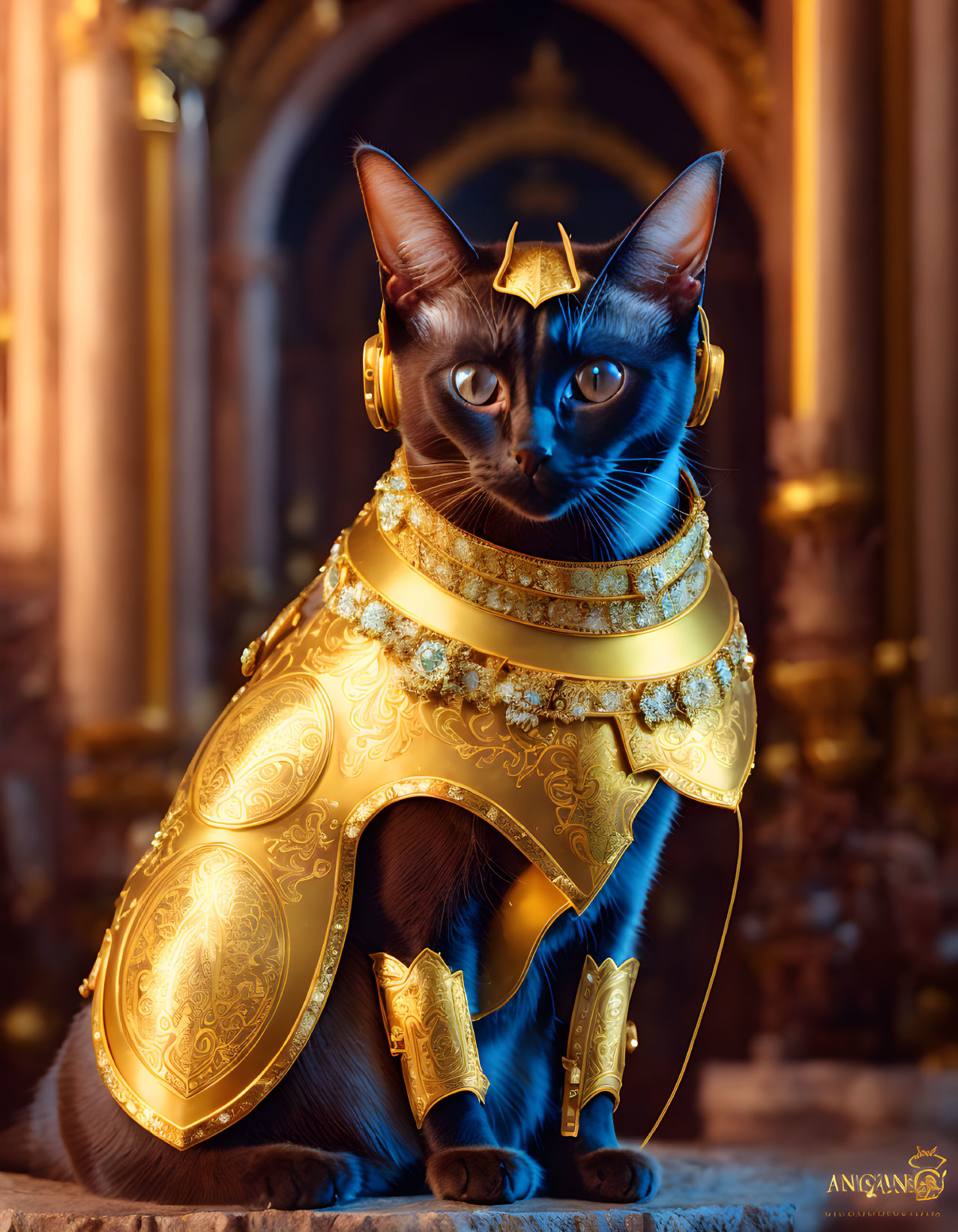 Regal cat in ornate gold armor in historical setting