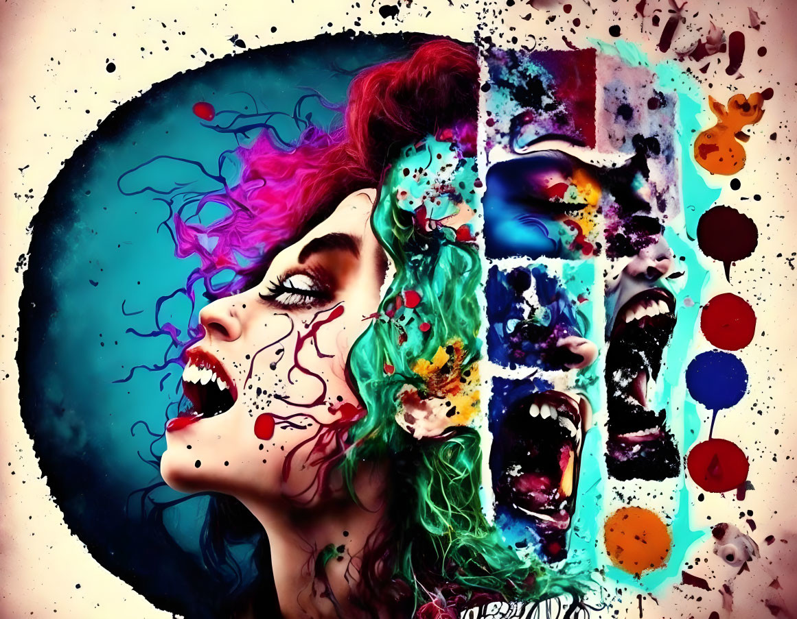 Colorful digital artwork: Woman with paint splashes & melting effects