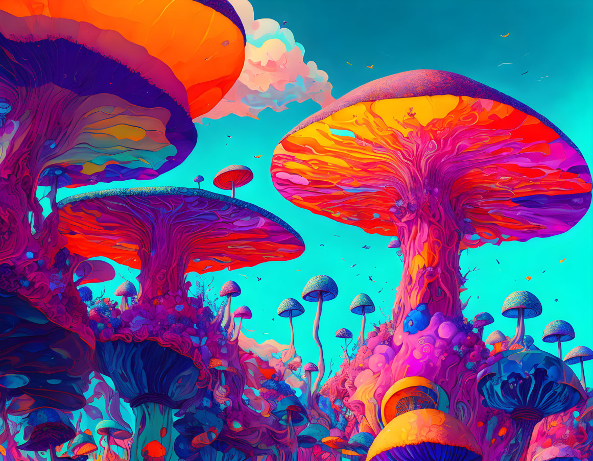 Colorful Psychedelic Landscape with Oversized Mushroom-like Formations