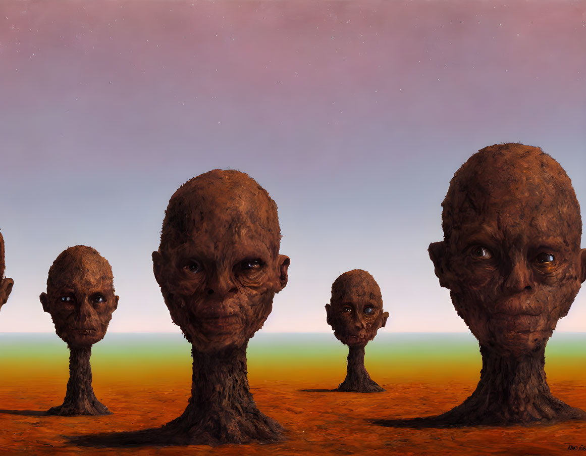 Four textured alien heads against desert landscape and dusky sky.