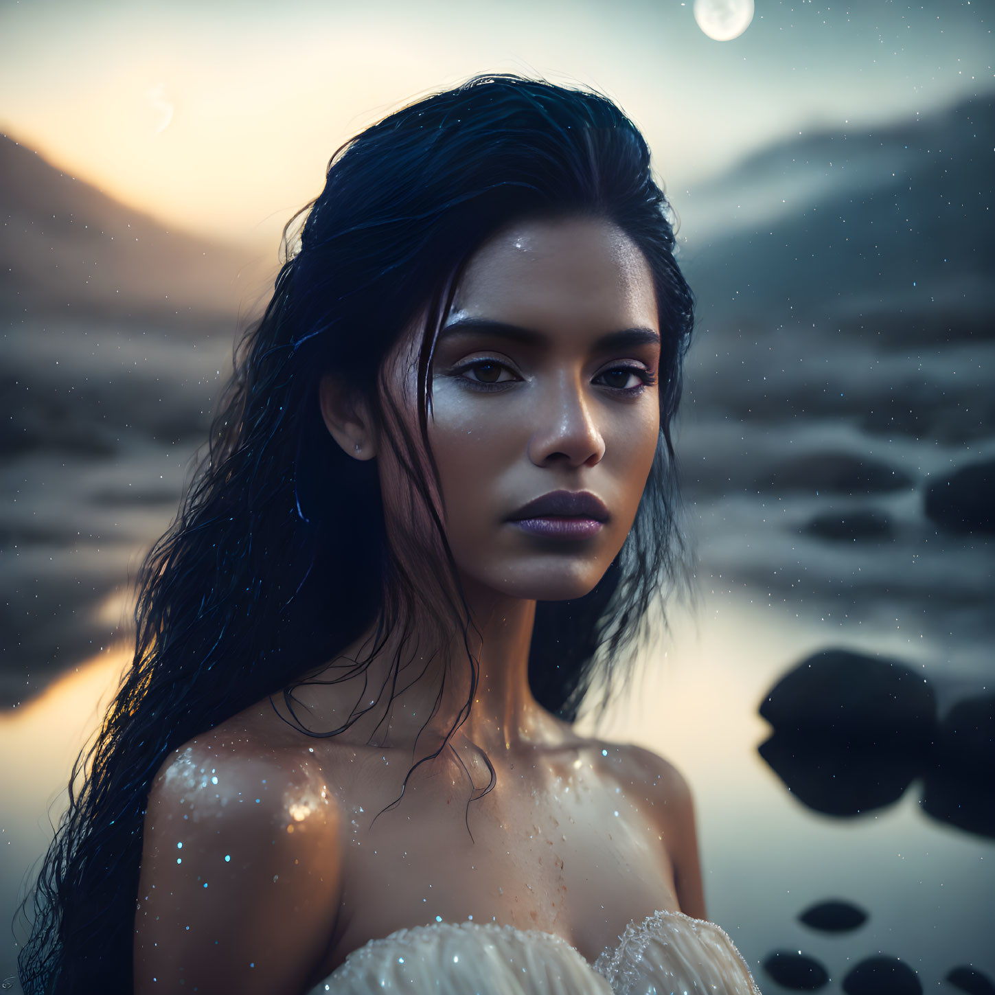 Dark-haired woman in glittery dress by serene water with intense gaze