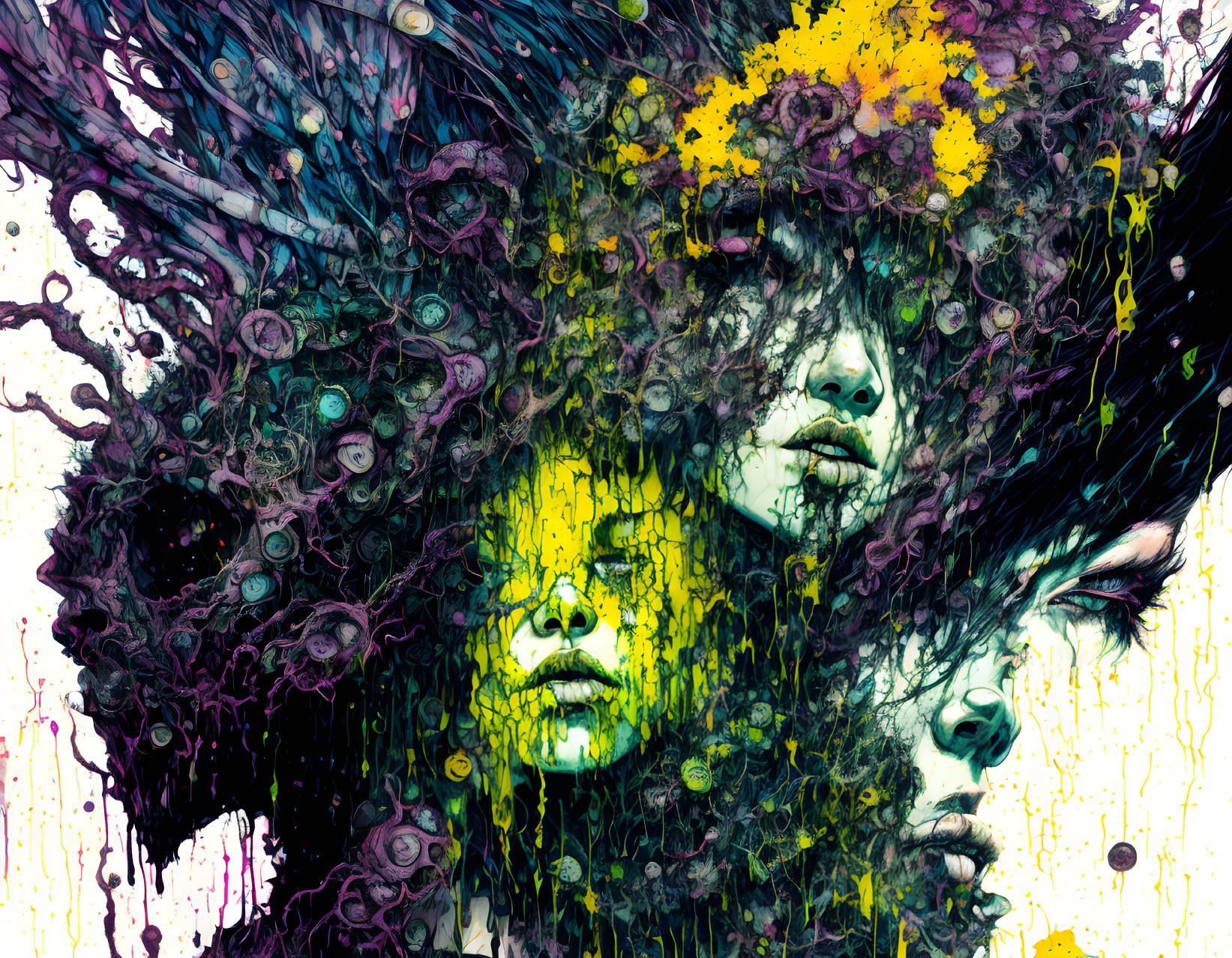 Colorful digital artwork: Three women's faces obscured by paint splashes & floral patterns