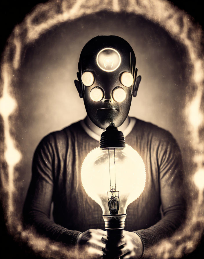 Vintage diving helmet with glowing light bulb creates halo effect in sepia-toned photo