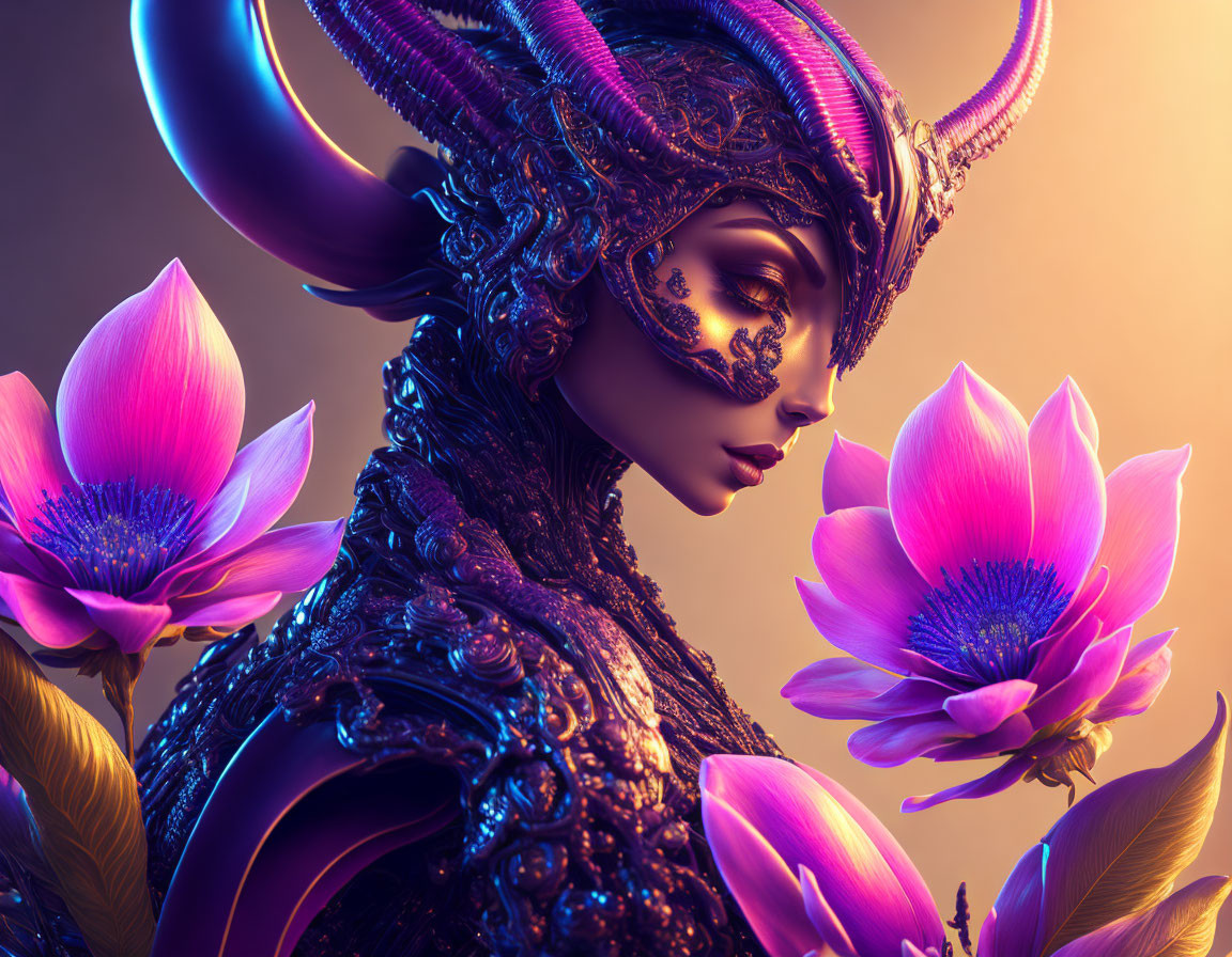 Fantasy illustration of female figure with ornate headgear and face mask among pink lotus flowers