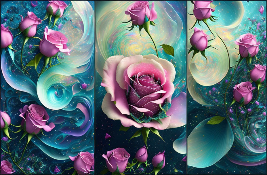 Pink Roses Digital Collage with Dewdrops and Celestial Background