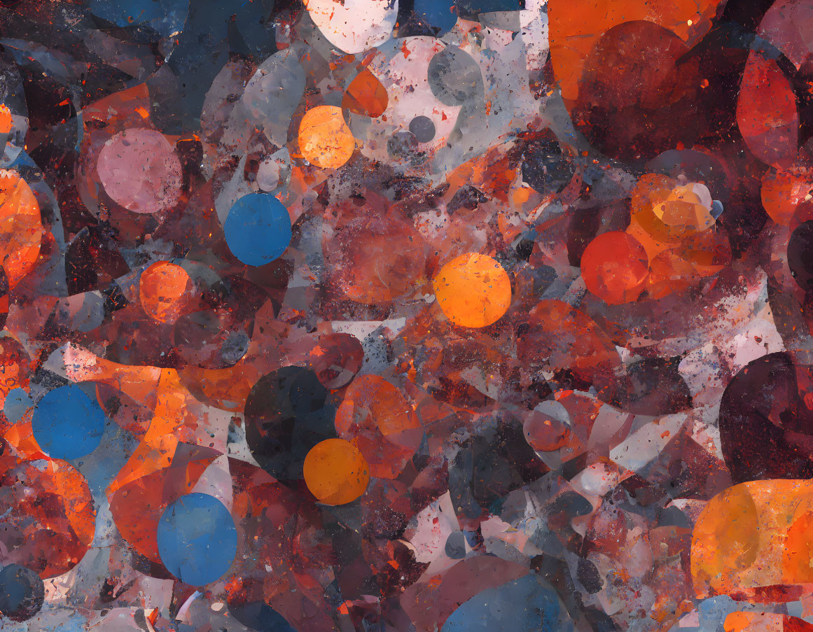 Layered Circles and Splotches in Orange, Red, Blue, and Gray